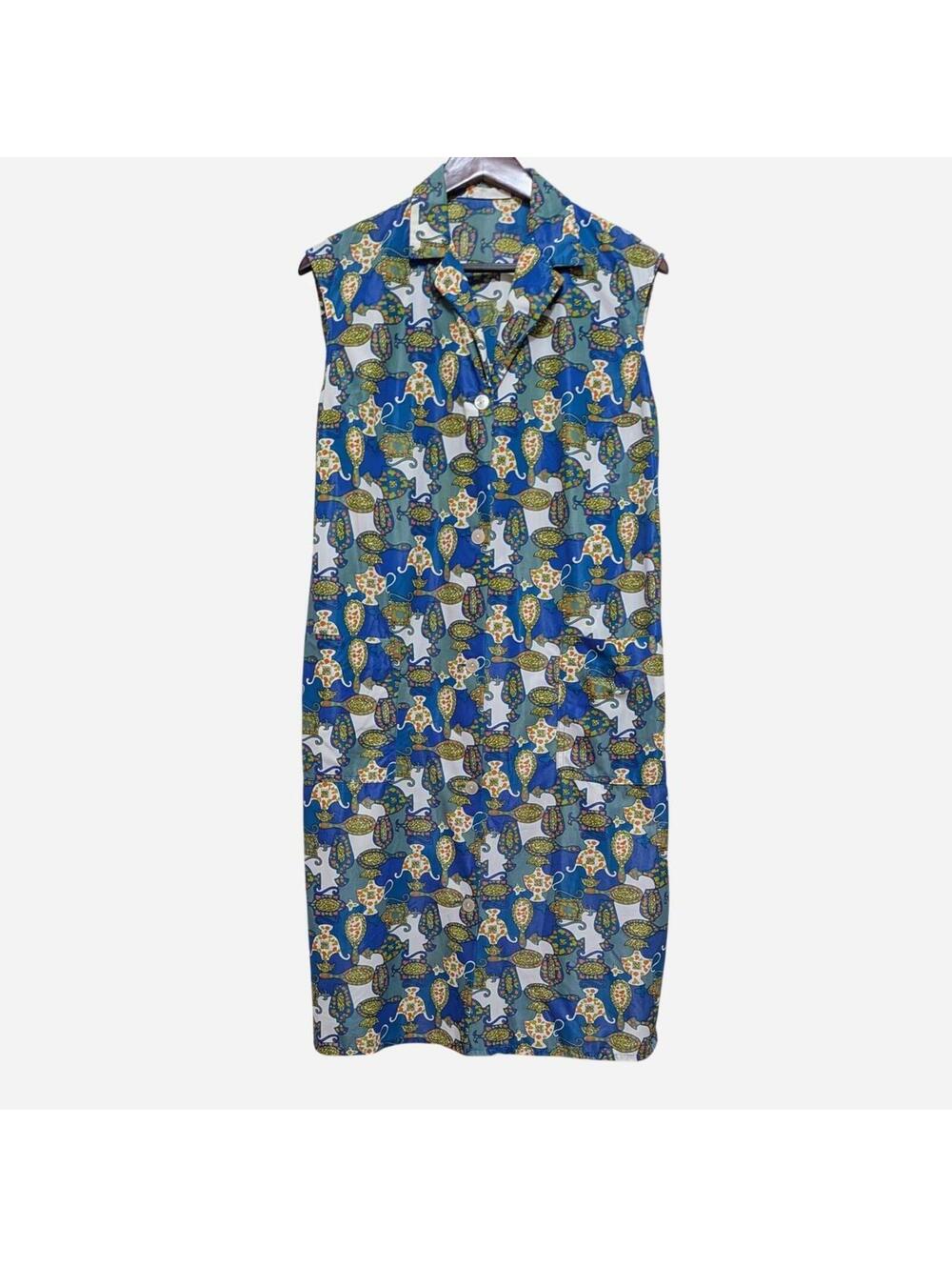 1960s Chinoiserie Mod Shift Dress Ornamental Vase Print Sleeveless Sz Large